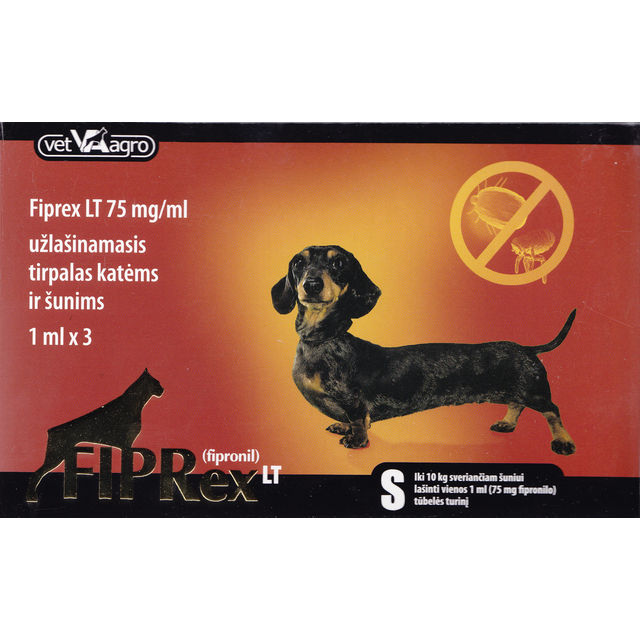 FIPREX-S 75mg  iki 10kg sveriančiam šuniui lašinti 1ml tūbelės turinį