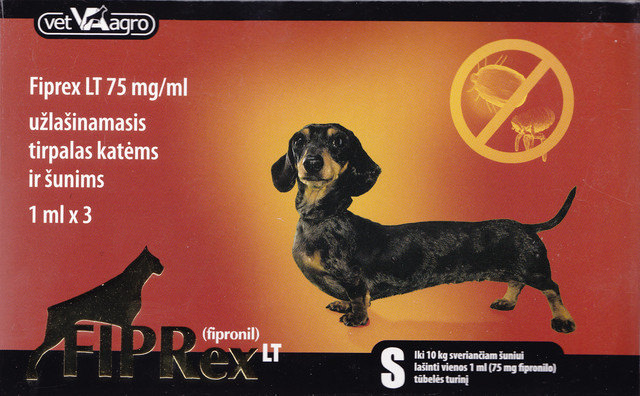 FIPREX-S 75mg  iki 10kg sveriančiam šuniui lašinti 1ml tūbelės turinį